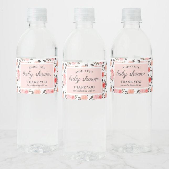 Watercolor Pink Roses Chic Baby Shower Water Bottle Label (Bottles)
