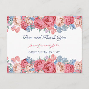 Watercolor Pink Roses Chic Wedding Thank You Postcard