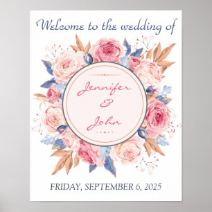 Watercolor Pink Roses Chic Wedding Welcome Poster
