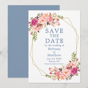 Watercolor Pink Roses Dusty Blue Geo Frame Save The Date