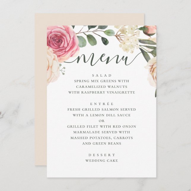Watercolor pink roses. Elegant floral wedding Menu (Front/Back)