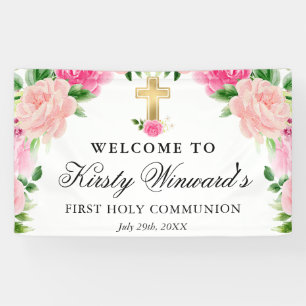 Watercolor Pink Roses First Holy Communion Banner