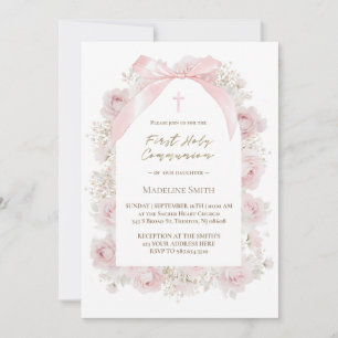 watercolor pink roses First Holy Communion Invitation