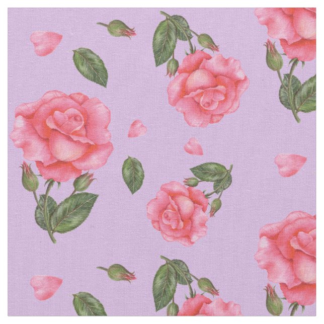 Watercolor Pink Roses Floral Art Pattern Fabric (Close Up)