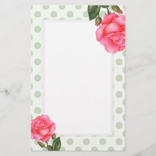 Watercolor Pink Roses Floral Art Polka Dot Stationery