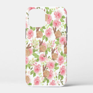 Watercolor pink roses floral brown bunny rabbit Ca iPhone 12 Mini Case