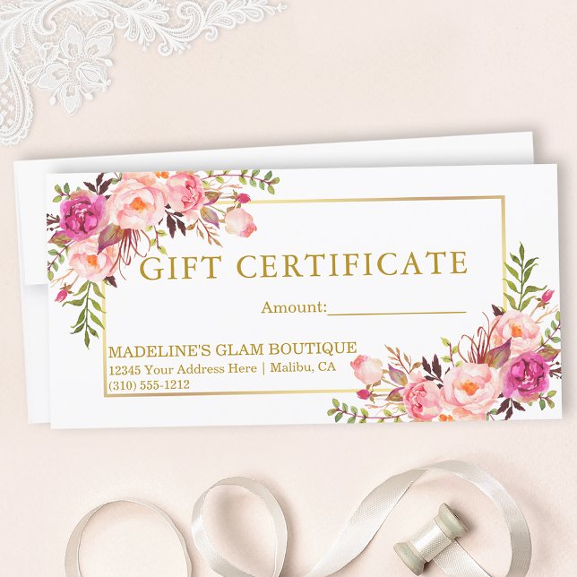 Watercolor Pink Roses Floral Gold Gift Certificate (Customize to change text size, style, color or to add text to back of certificate.)