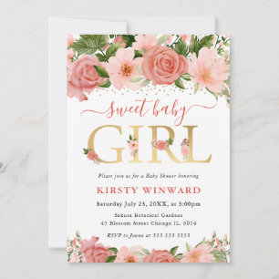 Watercolor Pink Roses Flowers Baby Shower Invitation