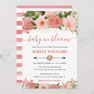 Watercolor Pink Roses Flowers Baby Shower Invitation