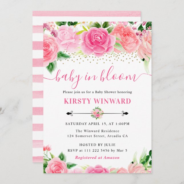 Watercolor Pink Roses Flowers Baby Shower Invitation (Front/Back)