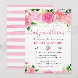 Watercolor Pink Roses Flowers Baby Shower Invitation