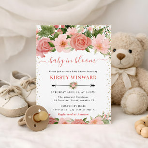 Watercolor Pink Roses Flowers Baby Shower Invitation