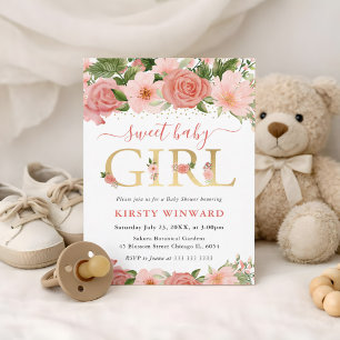 Watercolor Pink Roses Flowers Baby Shower Invitation