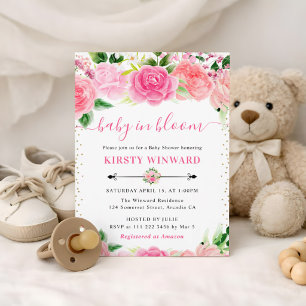 Watercolor Pink Roses Flowers Baby Shower Invitation