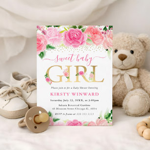 Watercolor Pink Roses Flowers Baby Shower Invitation