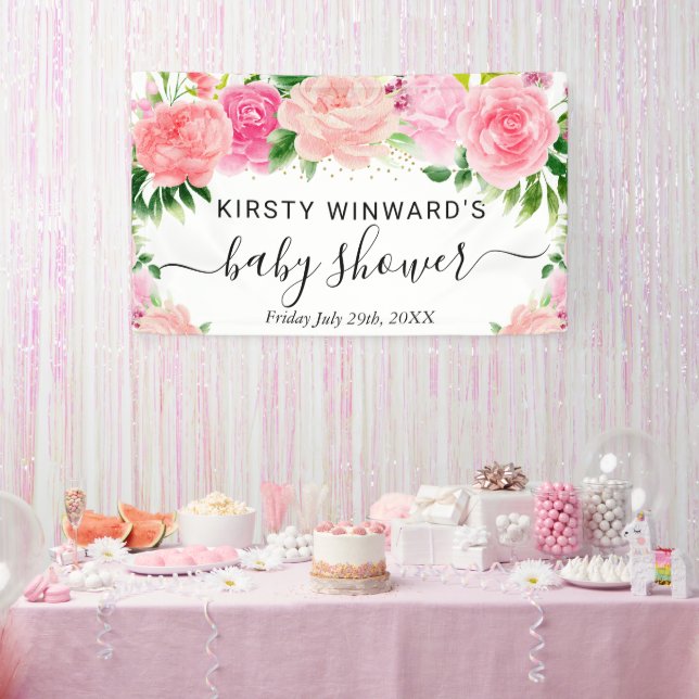 Watercolor Pink Roses Flowers Baby Shower Welcome Banner (Party)