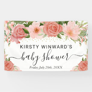 Watercolor Pink Roses Flowers Baby Shower Welcome Banner