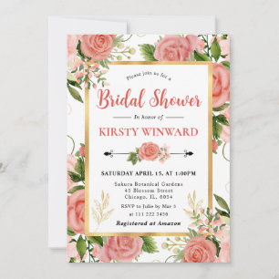 Watercolor Pink Roses Flowers Bridal Shower Invitation