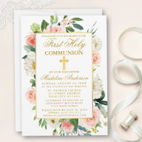Watercolor Pink Roses Flowers Gold First Communion