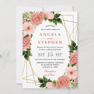 Watercolor Pink Roses Flowers Gold Frame Wedding Invitation