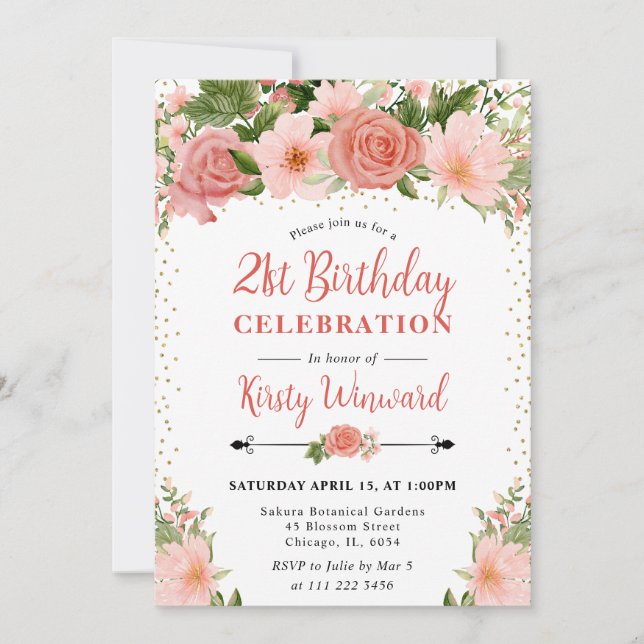 Watercolor Pink Roses Flowers Photo 21st birthday Invitation (Front)