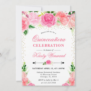 Watercolor Pink Roses Flowers Photo Quinceanera Invitation
