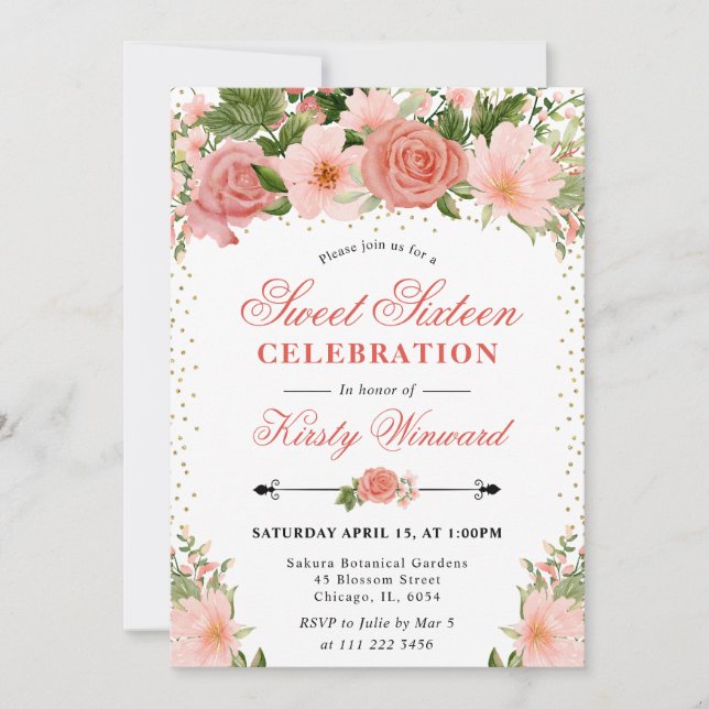 Watercolor Pink Roses Flowers Sweet 16 Invitation (Front)