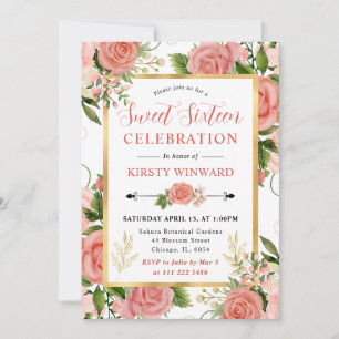 Watercolor Pink Roses Flowers Sweet Sixteen Invitation