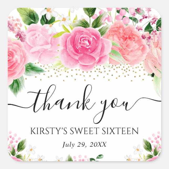 Watercolor Pink Roses Flowers Sweet Sixteen Square Sticker (Front)