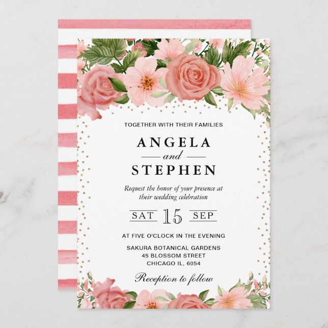 Watercolor Pink Roses Flowers Wedding Invitation (Front/Back)