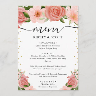 Watercolor Pink Roses Flowers Wedding Menu