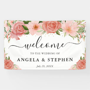 Watercolor Pink Roses Flowers Wedding Welcome Banner