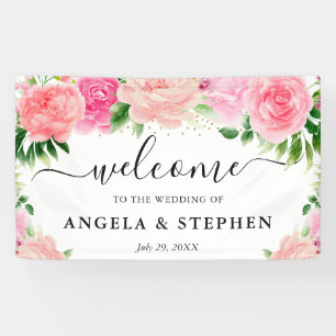 Watercolor Pink Roses Flowers Wedding Welcome Banner