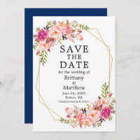 Watercolor Pink Roses Geo Frame Blue Save The Date