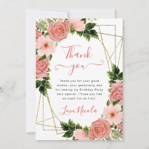 Watercolor Pink Roses Gold Frame Birthday Thank You Card