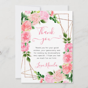 Watercolor Pink Roses Gold Frame Quinceanera Thank You Card