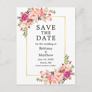 Watercolor Pink Roses Gold Frame Save The Date Postcard