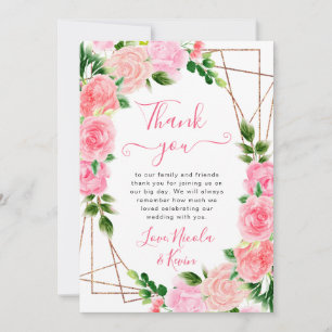Watercolor Pink Roses Gold Frame Wedding Thank You Card