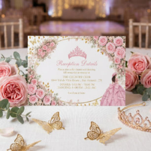 Watercolor Pink Roses Golden Butterfly Quinceañera Enclosure Card