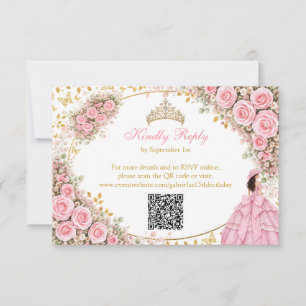 Watercolor Pink Roses Golden Butterfly Quinceañera RSVP Card