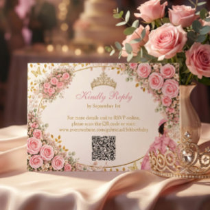 Watercolor Pink Roses Golden Butterfly Quinceañera RSVP Card