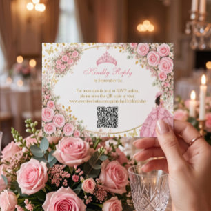 Watercolor Pink Roses Golden Butterfly Quinceañera RSVP Card