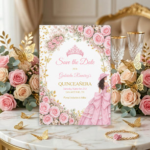 Watercolor Pink Roses Golden Butterfly Quinceañera Save The Date
