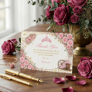 Watercolor Pink Roses Golden Butterfly Quinceañera Thank You Card