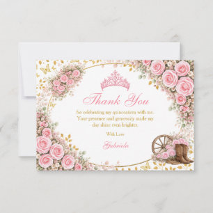 Watercolor Pink Roses Golden Butterfly Quinceañera Thank You Card