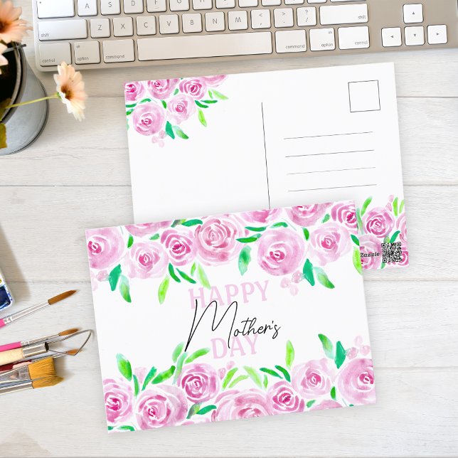Watercolor Pink Roses Green Leaves Mother's Day Postcard (Creator Uploaded)