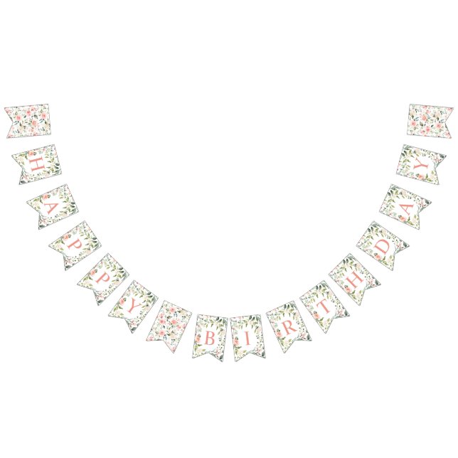 Watercolor Pink Roses Greenery Happy Birthday Bunting (All)
