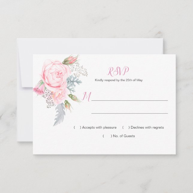 Watercolor Pink Roses Hydrangeas Greenery RSVP (Front)