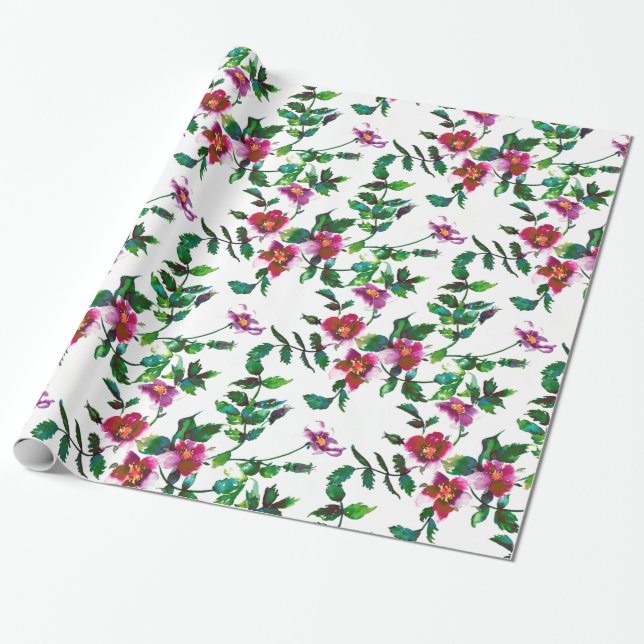 Watercolor pink Roses magenta pink floral  Wrapping Paper (Unrolled)