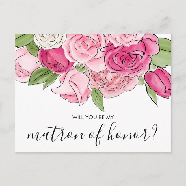 Watercolor Pink Roses My Matron Of Honour Postcard (Front)